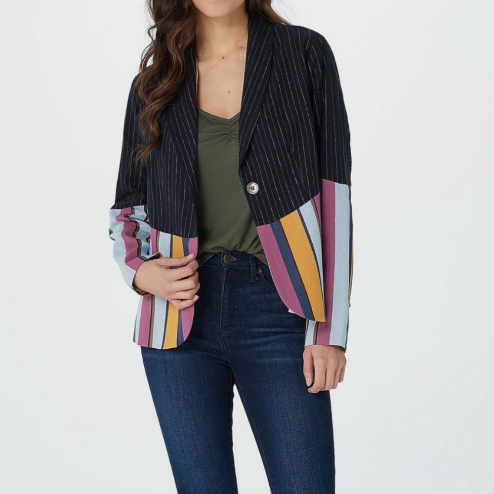 Laurie Felt Double Striped Blazer navy and multicolored stripe sleeve & bottom